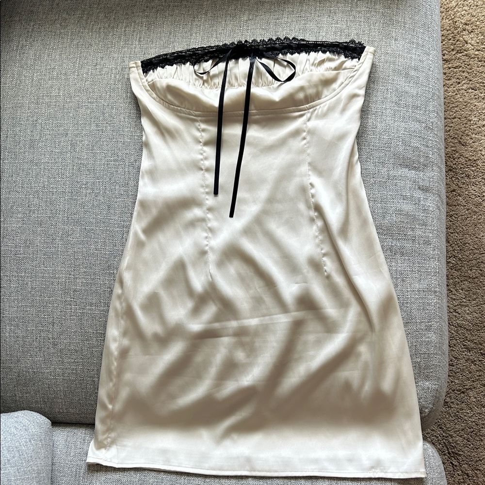 Sky to Moon Cream Strapless Dress with Black Lace Trim